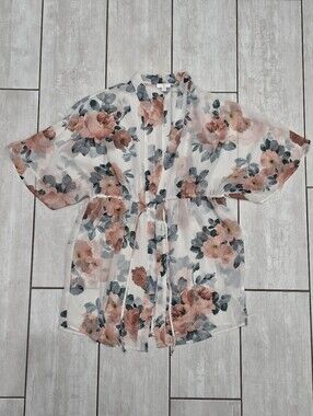 CHARMING CHARLIE Sheer White Floral Kimono Cover-Up Drawstring Waist